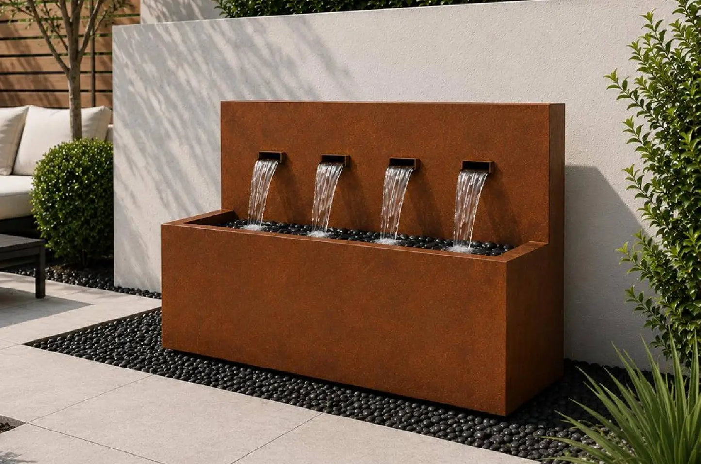 Corten 42-inch 4-spout horizontal wall fountain, side angle view
