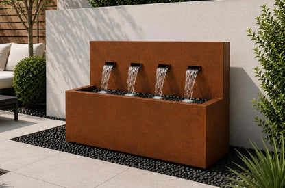 Corten 42-inch 4-spout horizontal wall fountain, side angle view