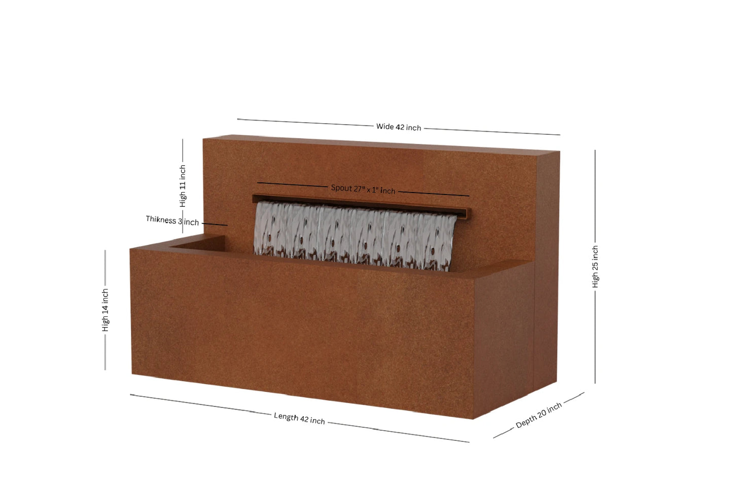 Corten 42-inch trough horizontal wall fountain dimension 42" W x 25" H x 20" D