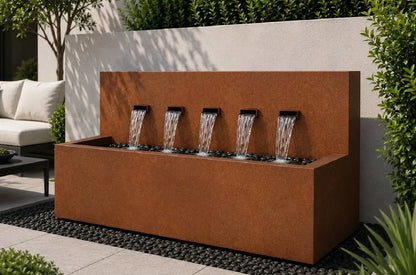 Corten steel 50-inch 5-spout horizontal wall fountain, close-up view