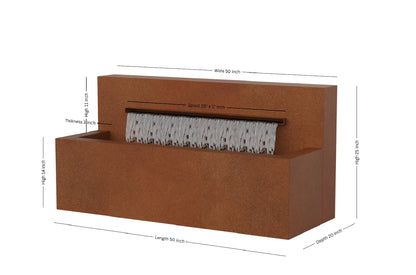 Corten 50-inch trough horizontal wall fountain dimension 50" W x 25" H x 20" D