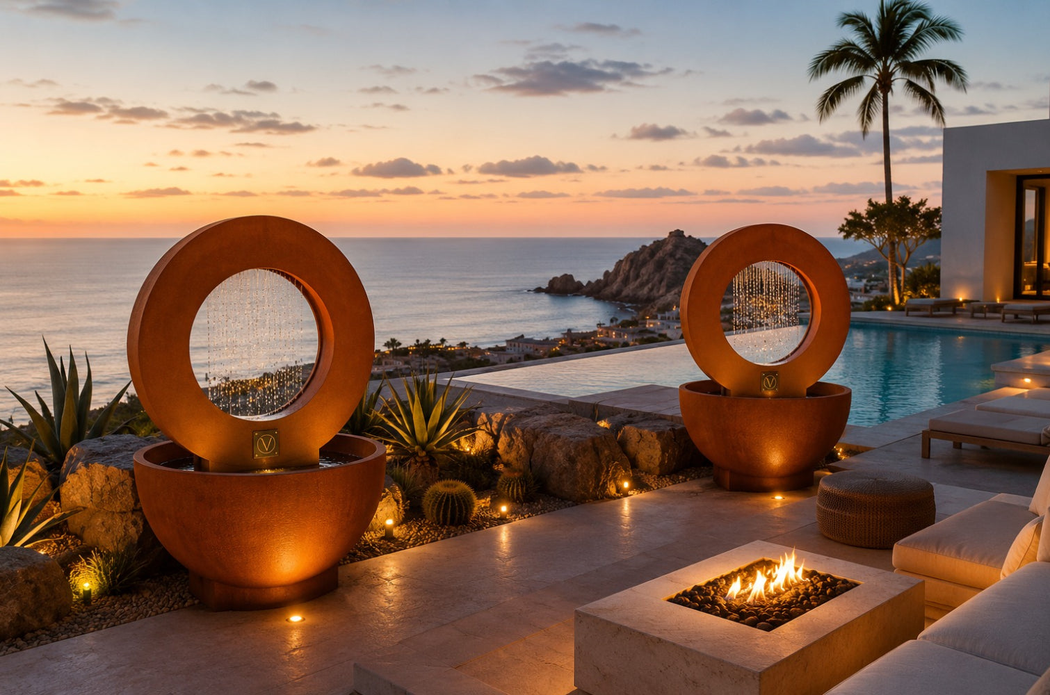 Two illuminated round corten steel planter fountains create a modern outdoor focal point beside an infinity pool and fire pit on an ocean-view patio at dusk.