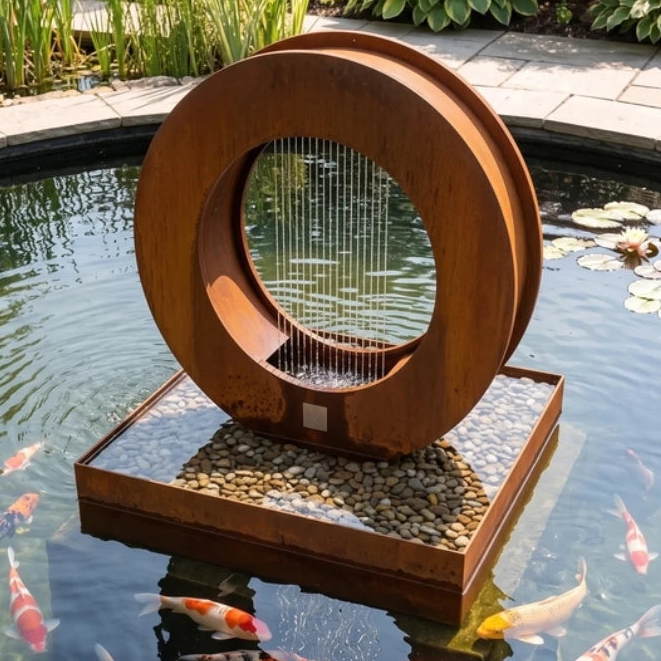 Corten steel ring fountain on a square pebble base set in a koi pond with lily pads and lush garden planting