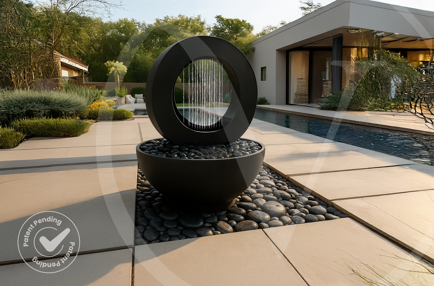 Modern black circular outdoor planter with an integrated sheet-water fountain beside a swimming pool and manicured garden shrubs.