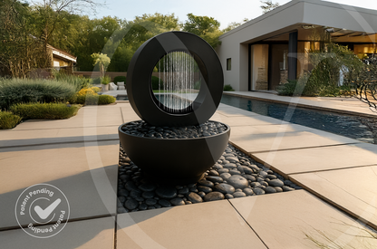 Modern black circular outdoor planter with an integrated sheet-water fountain beside a swimming pool and manicured garden shrubs.