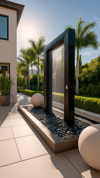 Modern black powder-coated steel rain curtain fountain door on a sunlit stone patio, surrounded by palm trees, decorative sphere planters, and manicured hedges, creating a striking luxury backyard water feature beside an upscale home.