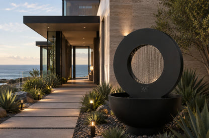 Modern black round outdoor planter fountain with agave planting beside the illuminated entry walkway of an oceanfront home