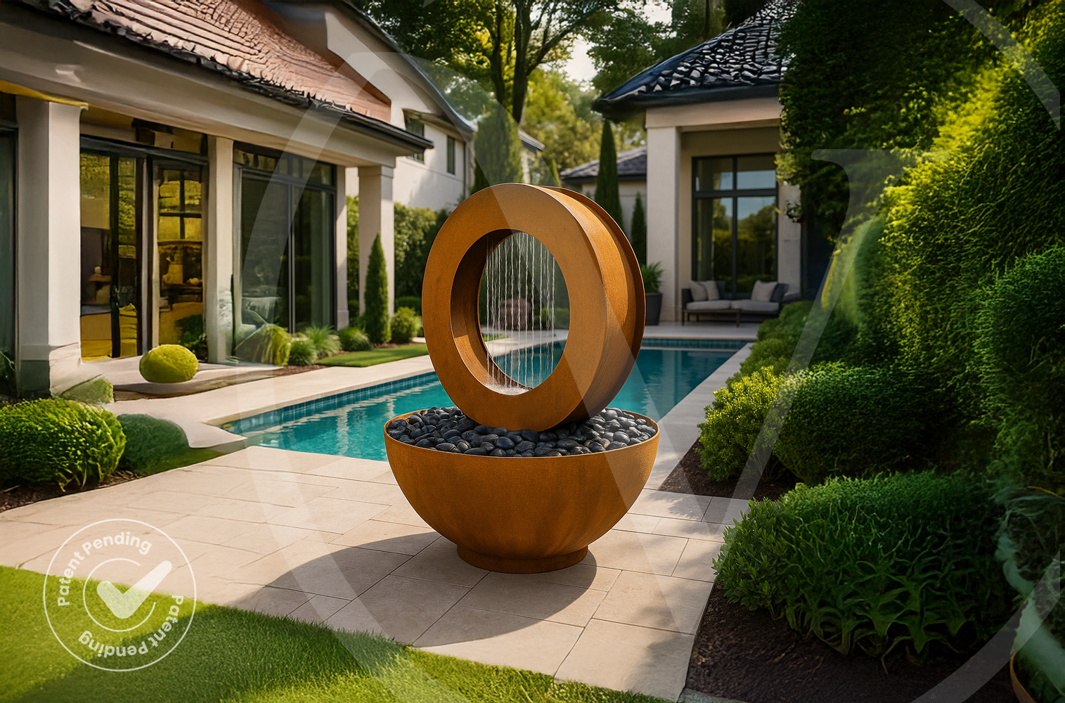A circular metal planter and fountain combination with falling water creates a unique modern outdoor fountain and poolside water feature in a landscaped backyard.