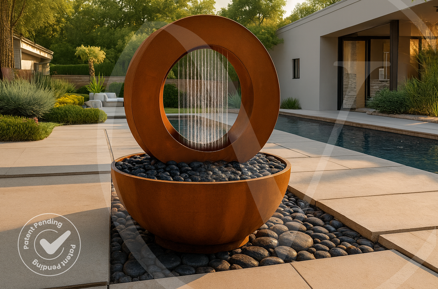 This unique round corten steel planter and rain curtain fountain combines greenery, flowing water, and modern outdoor sculpture in an award-winning Valyrian Designs centerpiece beside a backyard pool at sunset.