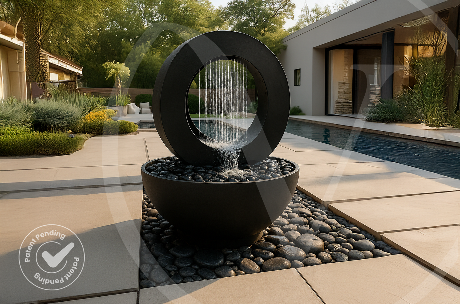 Modern round matte black outdoor planter with an integrated water feature and rain curtain beside a contemporary poolside patio.