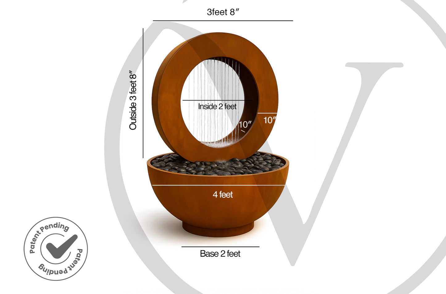 Dimension diagram of a round corten steel garden fountain showing a 4-foot bowl width and an overall height of 3 feet 8 inches.