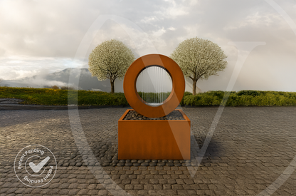 Modern rusted steel circular outdoor planter fountain with a ring water feature on a square pebble-filled base in a cobblestone courtyard with flowering trees