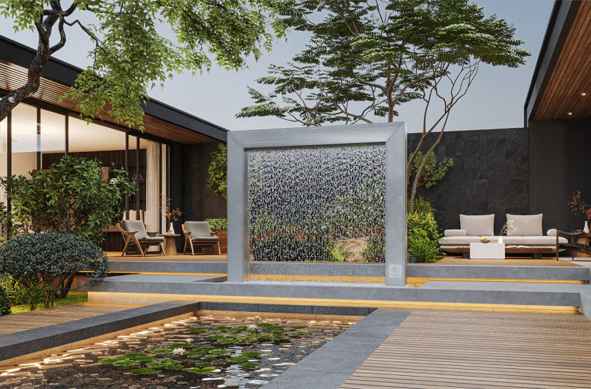 Stainless steel rain curtain fountain door as a modern courtyard centerpiece beside a lily pond, wooden deck, and lounge seating in a luxury backyard.