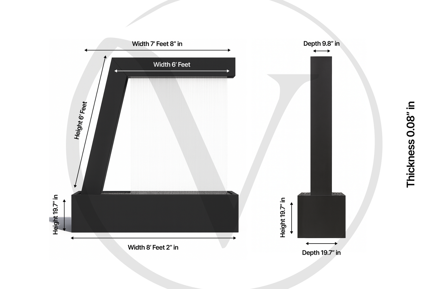 Technical dimension diagram of the 6-foot Valyrian Designs L Model black powder-coated steel rain curtain fountain, showing width, height, depth, base, and material thickness measurements from front and side views for outdoor water feature planning and installation.