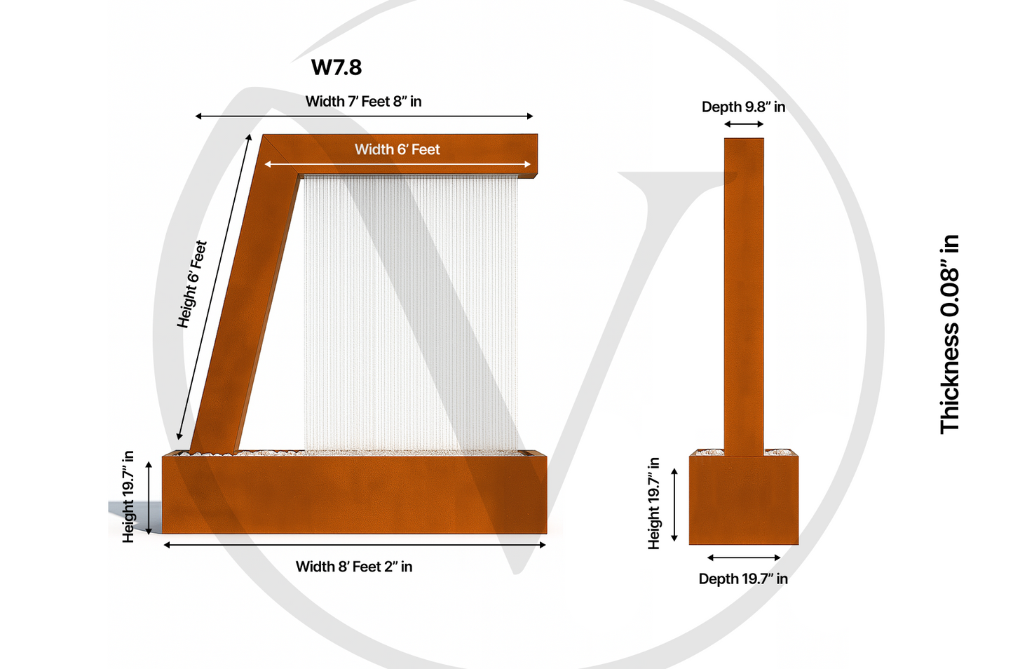 Technical dimension diagram of the 6-foot Valyrian Designs L Model Corten steel rain curtain fountain, showing width, height, depth, base, and material thickness measurements from front and side views for outdoor water feature planning and installation.