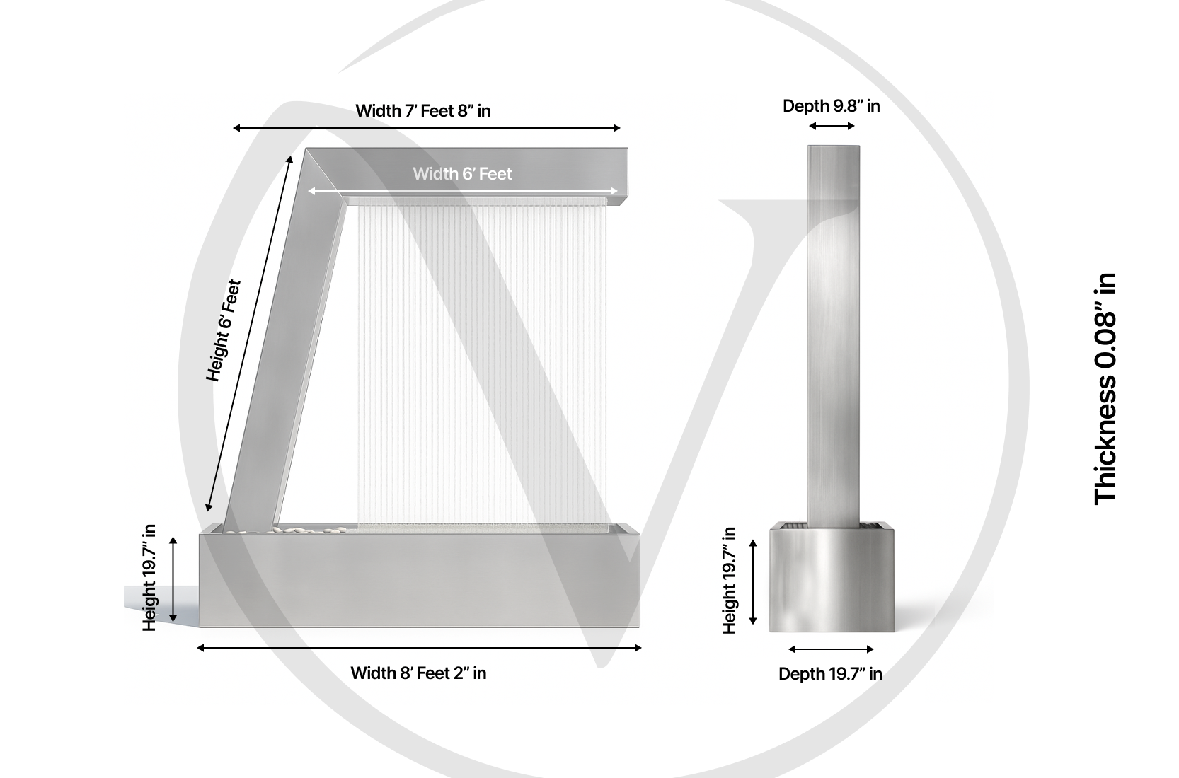Technical dimension diagram of the 6-foot Valyrian Designs L Model stainless steel rain curtain fountain, showing width, height, depth, base, and material thickness measurements from front and side views for modern outdoor water feature planning and installation.