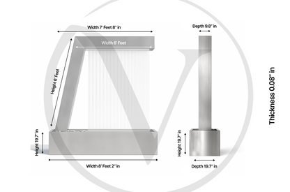 Technical dimension diagram of the 6-foot Valyrian Designs L Model stainless steel rain curtain fountain, showing width, height, depth, base, and material thickness measurements from front and side views for modern outdoor water feature planning and installation.