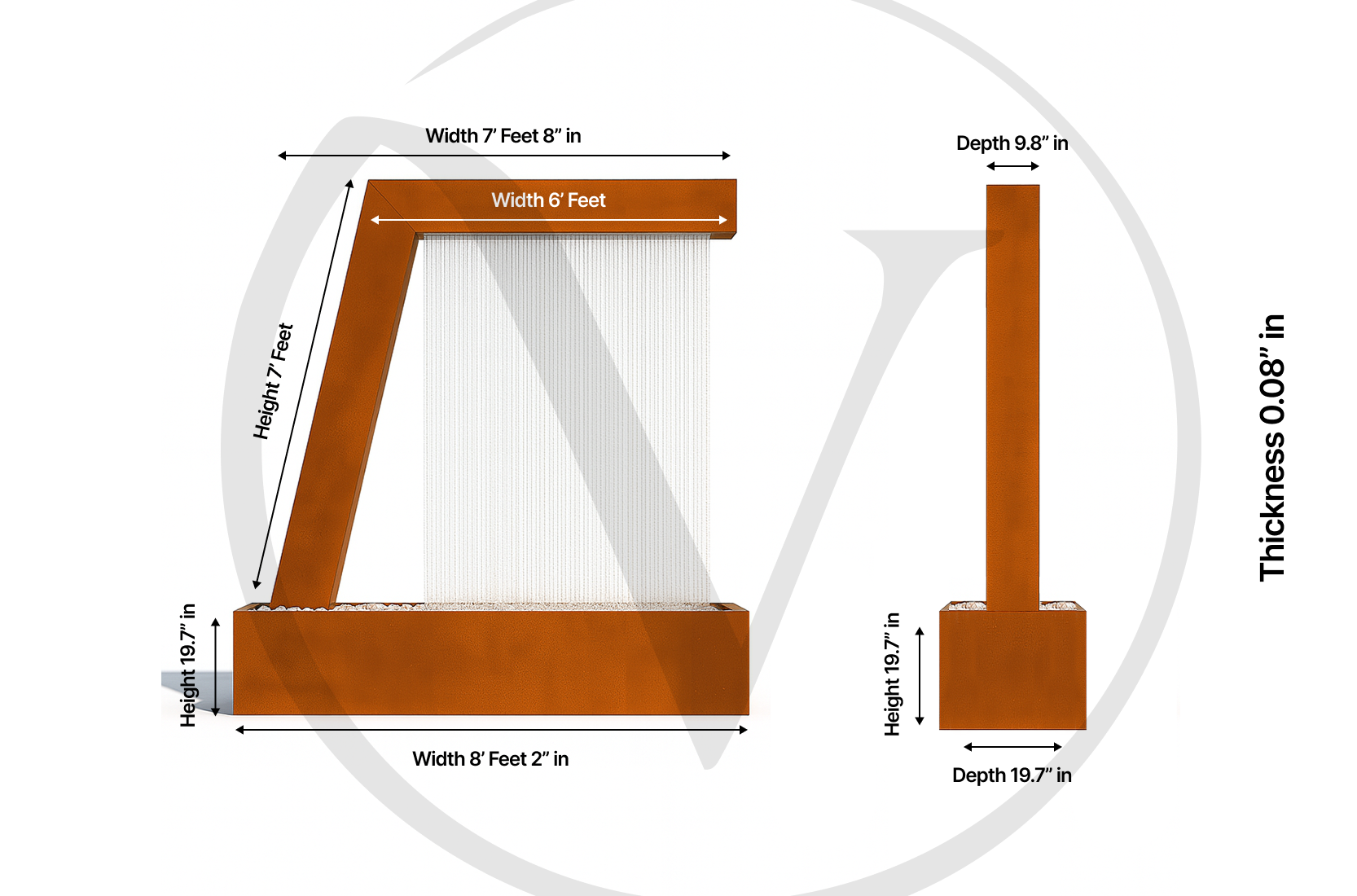 Technical dimension diagram of the 7-foot Valyrian Designs L Model Corten steel rain curtain fountain, showing width, height, depth, base, and material thickness measurements from front and side views for outdoor water feature planning and installation.