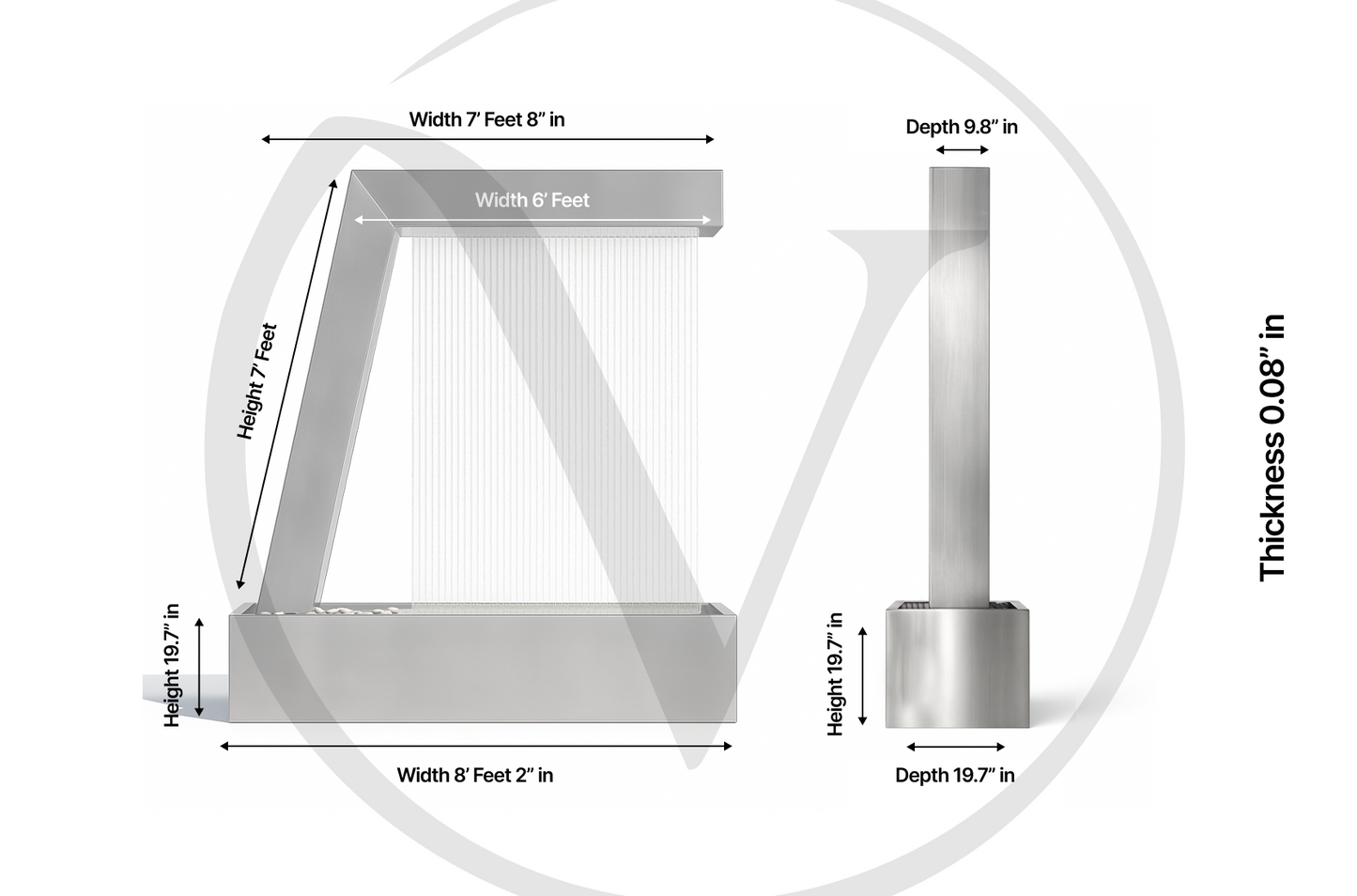 Technical dimension diagram of the 7-foot Valyrian Designs L Model stainless steel rain curtain fountain, showing width, height, depth, base, and material thickness measurements from front and side views for modern outdoor water feature planning and installation.