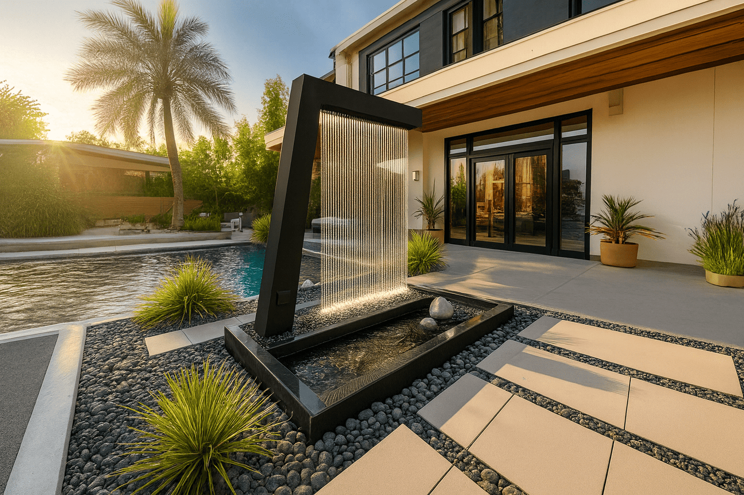 Close-up of a Valyrian Designs black powder-coated steel rain curtain fountain flowing into a pebble-lined basin beside a luxury home entrance at golden hour, with a palm tree and pool nearby, creating a striking modern outdoor water feature.