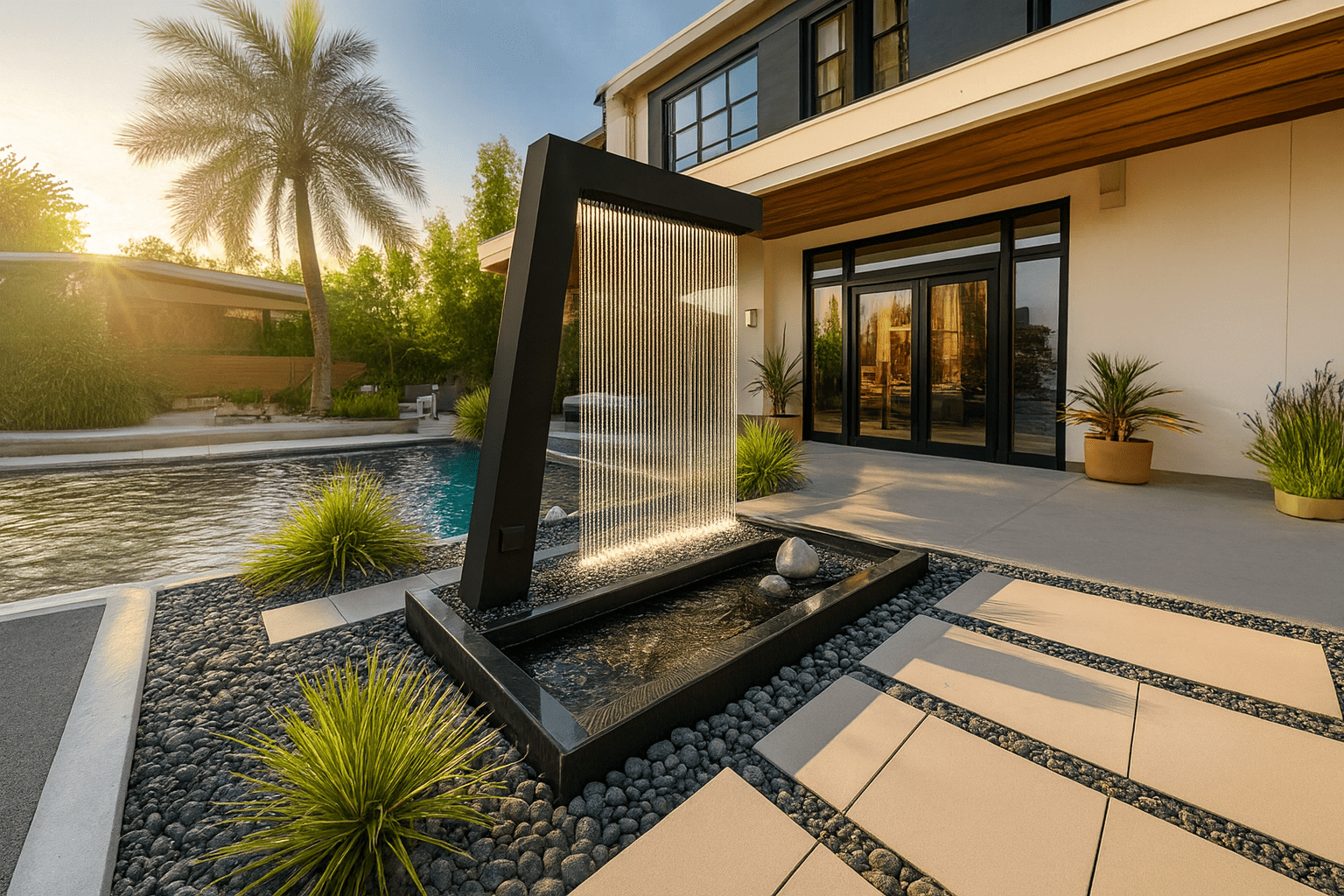 Close-up of a Valyrian Designs black powder-coated steel rain curtain fountain flowing into a pebble-lined basin beside a luxury home entrance at golden hour, with a palm tree and pool nearby, creating a striking modern outdoor water feature.