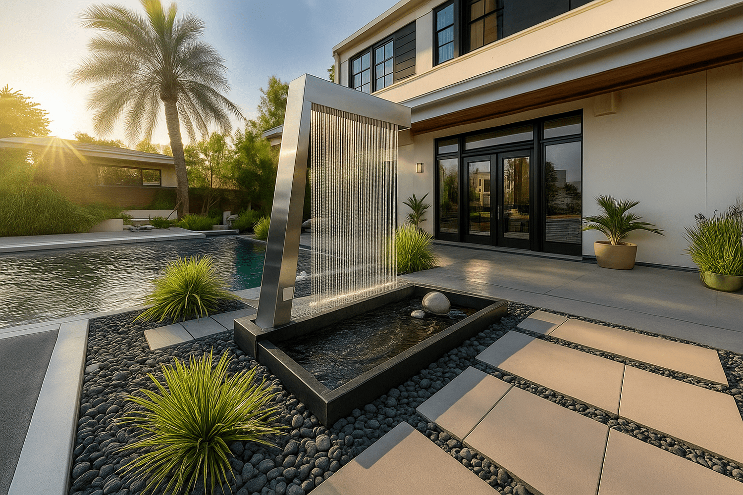 Valyrian Designs L Model Corten steel rain curtain fountain flowing into a stone-lined basin beside a swimming pool at sunset, with a palm tree and modern home patio creating an inviting luxury backyard setting.