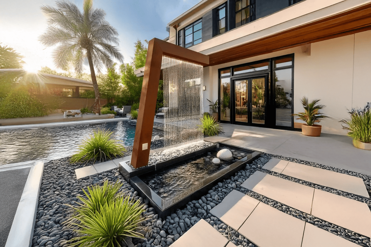 Valyrian Designs L Model Corten steel rain curtain fountain installed in a sunlit courtyard, flowing into a pebble-lined basin beside a swimming pool and patio entrance at a luxury home.