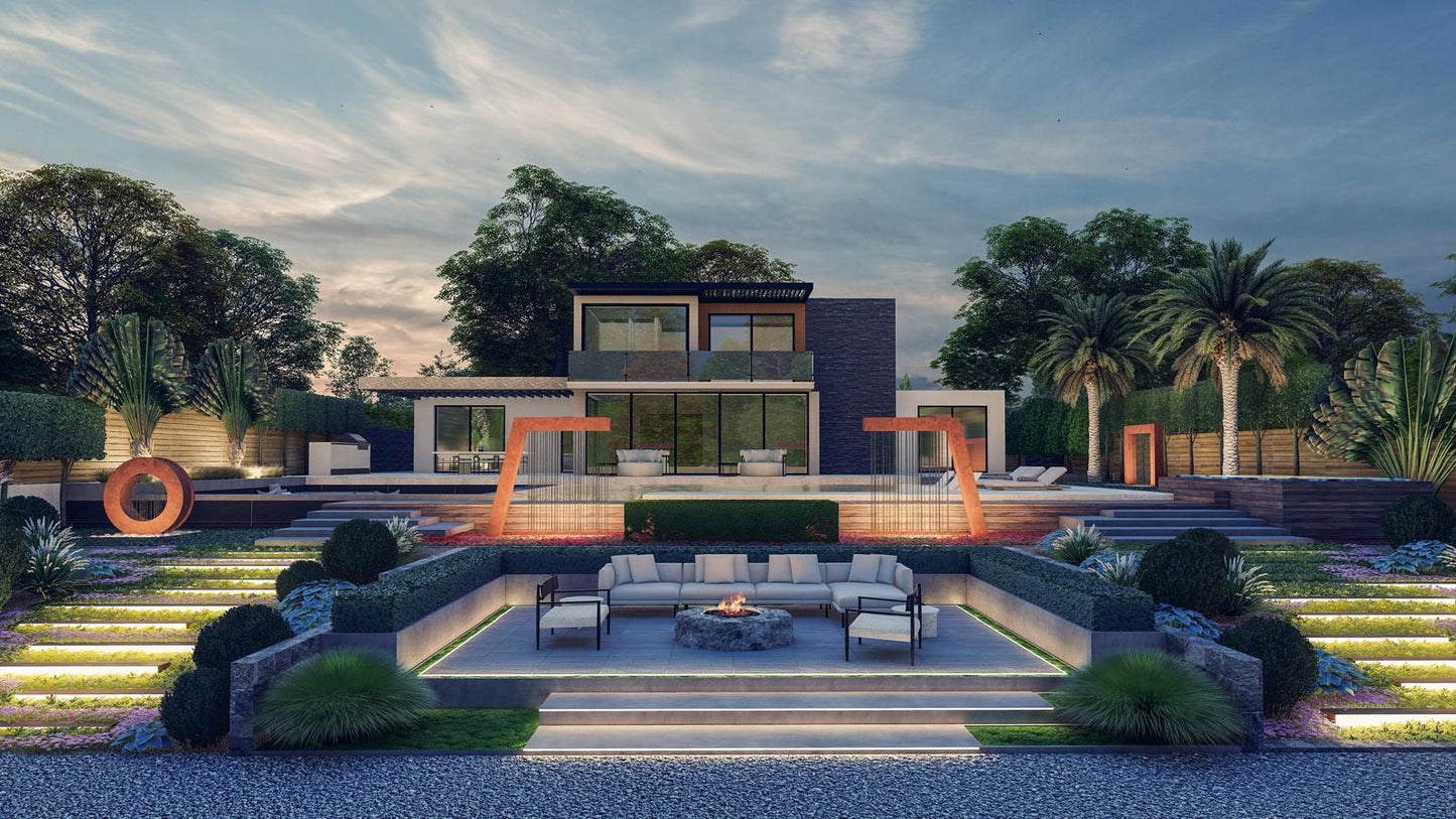 Twilight backyard landscape featuring two Valyrian Designs L Model Corten steel rain curtain fountains framing a modern luxury home with a swimming pool, fire pit lounge, and tiered garden lighting, creating a high-end outdoor living space and dramatic landscape design.