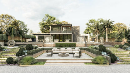 Daytime landscape view featuring two Valyrian Designs stainless steel rain curtain fountains framing a swimming pool, fire pit lounge, palm trees, and tiered garden steps, creating a high-end backyard retreat with luxury pool and outdoor living design inspiration.