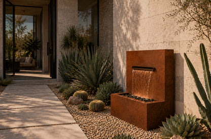 Corten 34-inch trough spillway vertical wall fountain, side angle view