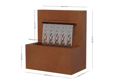 Corten 34-inch trough vertical wall fountain dimension 34" W x 39" H x 20" D