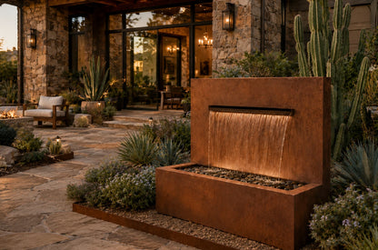 Corten 42-inch trough spillway vertical wall fountain, side angle view