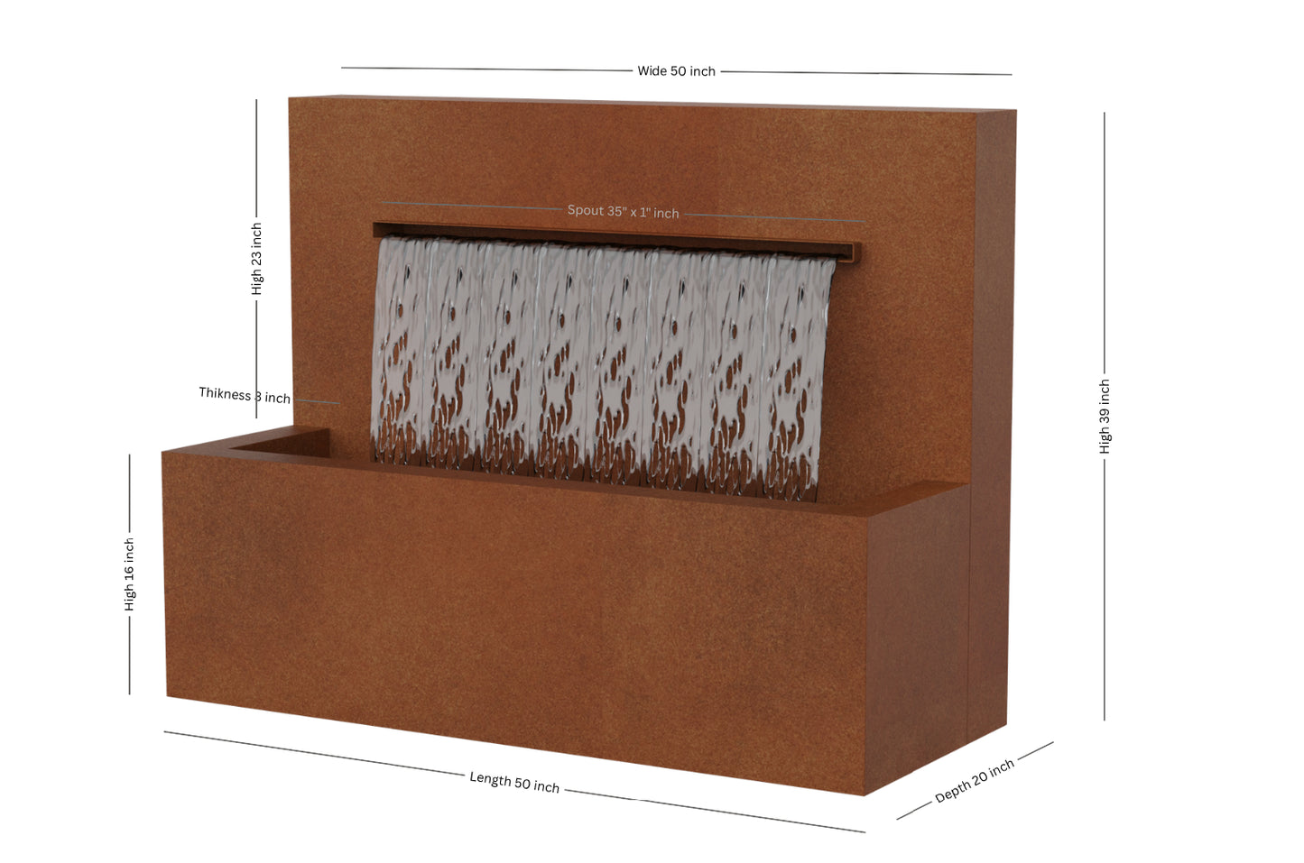 Corten 50-inch trough vertical wall fountain dimension 50" W x 39" H x 20" D