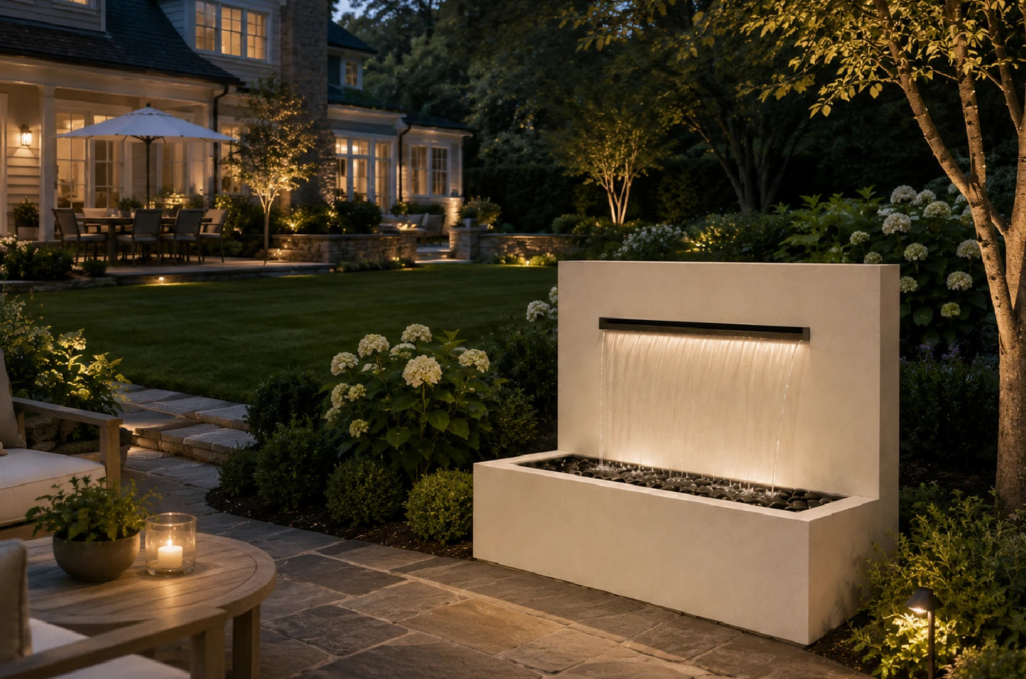Cream 34-inch modern wall fountain with trough spillway, side angle view