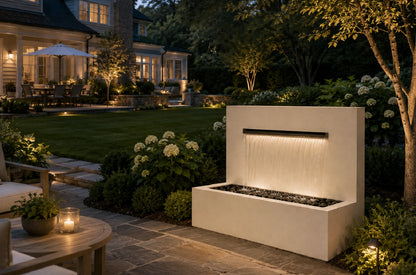Cream 34-inch modern wall fountain with trough spillway, side angle view